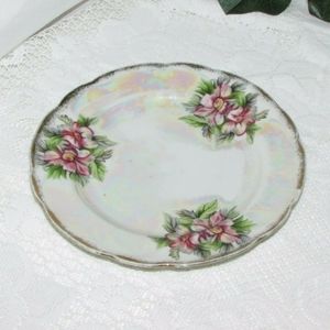 Pretty Vintage Cake Plate White Luster Pink Floral 7 1/8" Japan Opalescent